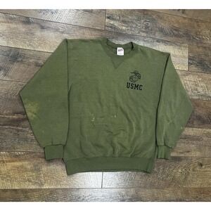 Vintage 90s USMC Logo Crewneck Sweatshirt Made‎ In USA Olive Green Large